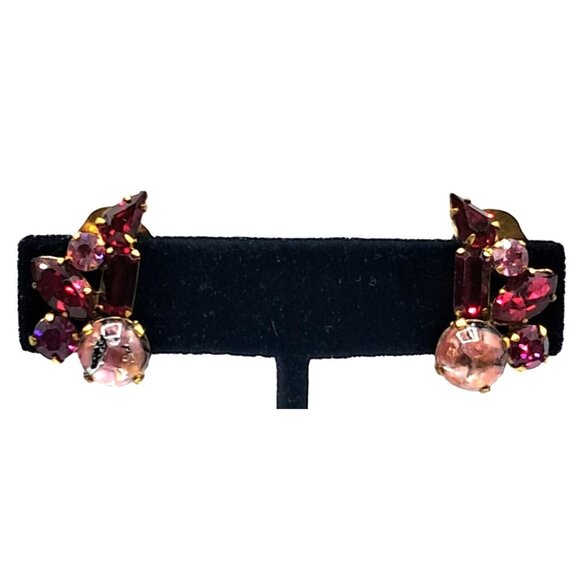 Vintage Austria Rhinestone Earrings Art Glass Dragons Breath Pink Red Clip On Si - Picture 4 of 12